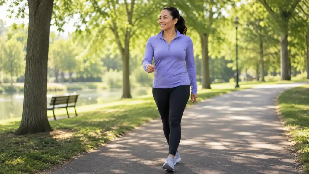 Adult walking outdoors as an exercise for weight management